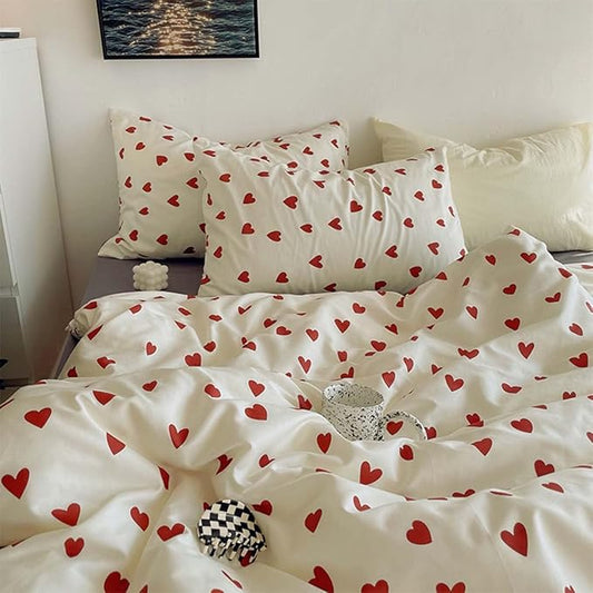 Nayoroom Heart Duvet Cover Full Size Cute Red Love Heart Printed on White Bedding Set 3Pcs Kids Girls Kawaii Heart-Shaped Pattern Comforter Cover with Zipper Closure Soft Breathable Microfiber