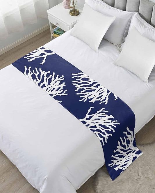 Coral Navy Blue Bed Runner Scarf for Queen Size Bed Foot, Decorative Bedding Accessory Stainproof & Dustproof Soft Protector For Bedroom Hotel Wedding Room Coastal Ocean Marine Nautical Beach 94"x20"