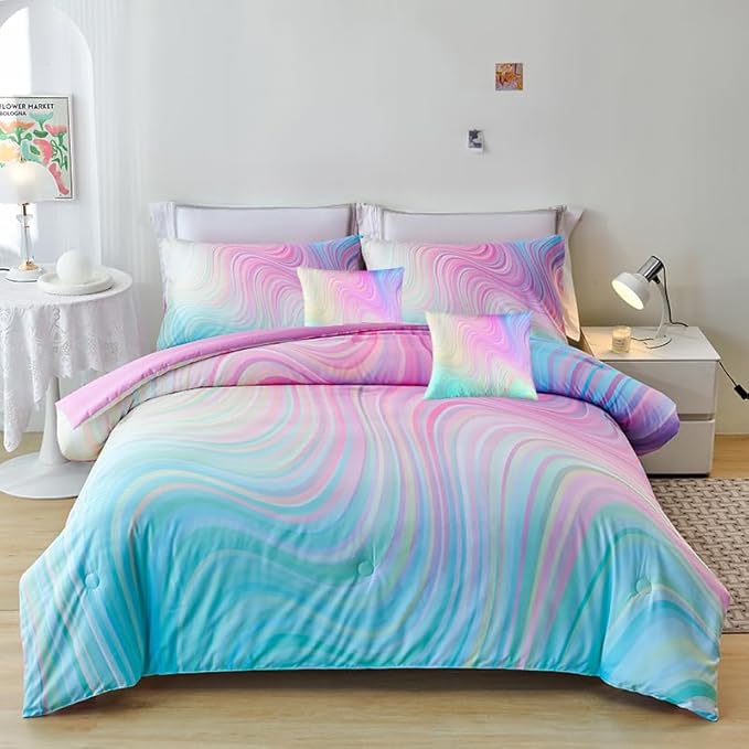 7PCS Girls Comforter Sets Queen,Pink Comforter Queen,Girls Bed Sets Queen,Bed in a Bag with Flat Sheet and Fitted Sheet,Pillowcases,Cushion Covers for Girl,Rainbow Bedding Sets