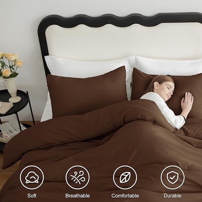 CozyLux Full Size Comforter Set Brown, 3 Pieces Solid Breathable Quilted Style Bedding Sets, Luxury Fluffy Soft Bed Set with Down Alternative Comforter for All Season (1 Comforter & 2 Pillowcases)