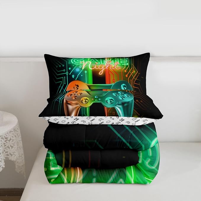 Feelyou Gamer Comforter Kids Gaming Video Game Comforter Set for Boys Teens Noverlty Modern Gamepad Bedding Set Breathable Gamer Console Bedding Duvet Set Bright Orange Green Room Decor Toddler Size