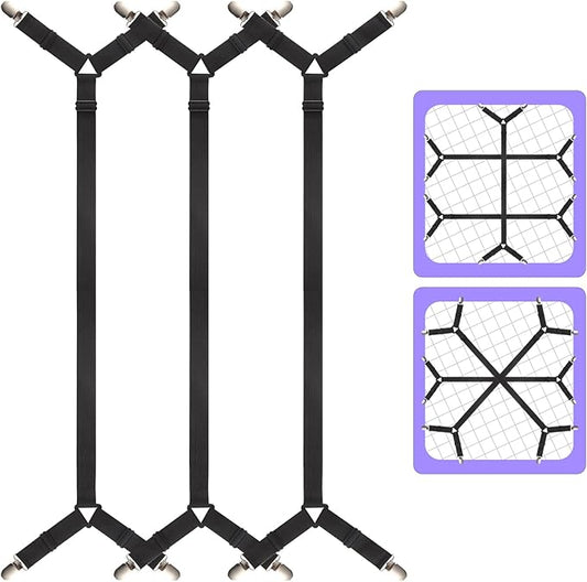 Bed Sheet Straps,3 PCS Secure and Sheet Holder Straps for Full Size Beds,Adjustable Crisscross Fitted Sheet Clips,Black