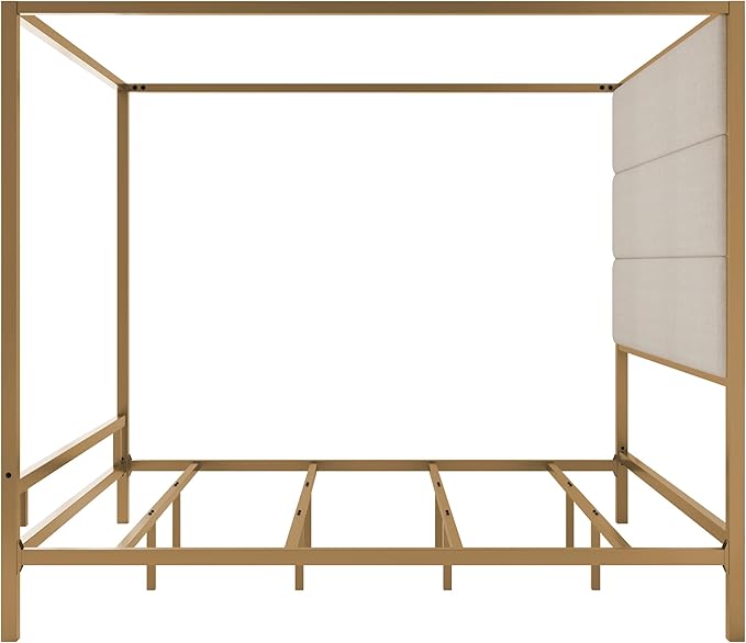 Merax King Size Modern Canopy Bed Frame, with Tall Linen Fabric Upholstered Headboard Metal 4-Poster, Box Spring Needed, Gold + Tan