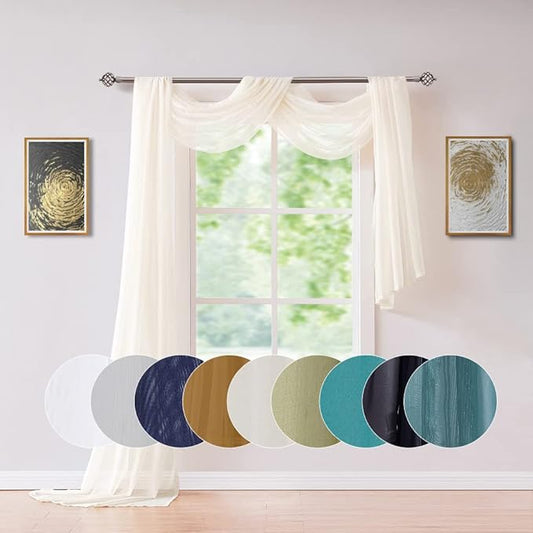 Long Length 56" (W) x 216" (L) Light Beige Sheer Window Scarf. Voile Window Treatments are Perfect As Valance Scarves, Canopy Bed Scarf Or Wedding Decoration. AMA 56" x 216" Beige
