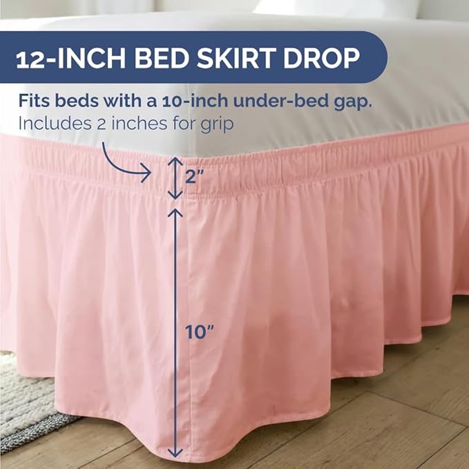 Wrap Around Dust Ruffle Bed Skirt - Baby Pink - Twin/Twin XL Size Beds w/ 12 Inch Drop - Easy Fit Elastic - Adjustable Pleated Bedskirt w/Brushed Fabric - Wrinkle Free - Women, Men, Kids & Teens