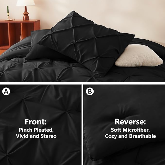 California King Comforter Set Black, 7 Pieces Pintuck Bed in A Bag Cal King Size Bedding, Soft Bed Set All Season Pinch Pleat Comforter Set with Sheets, Pillowcases & Shams