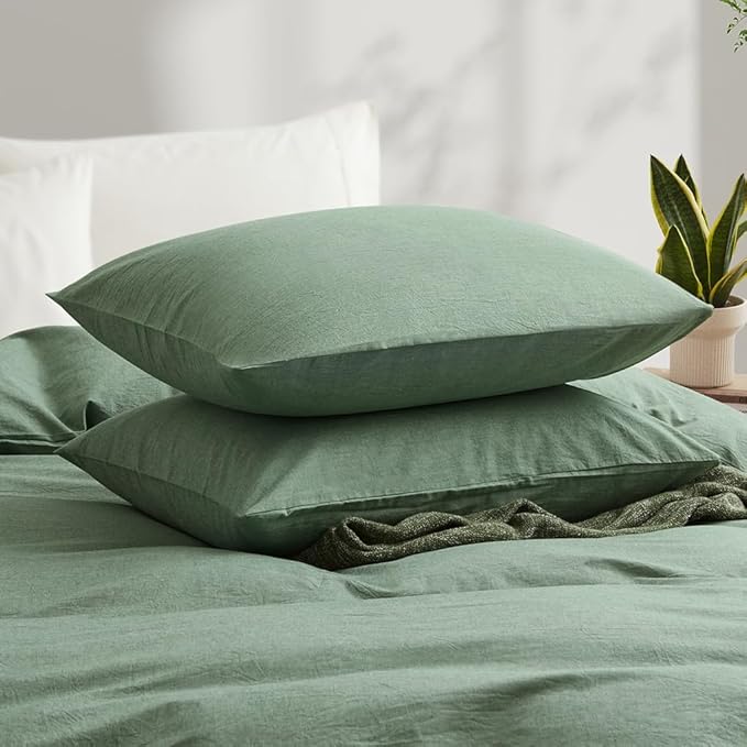 LOVQUE 100% Washed Cotton Duvet Cover Queen Size, Mint Green Fade-Resistant Natural Bedding Set (No Comforter), 90x90 Inches