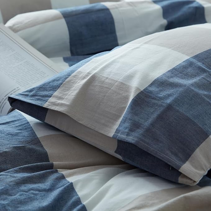 FACE TWO FACE Bedding Duvet Cover Set100% Washed Cotton Duvet Cover Linen Like Textured Breathable Durable Soft Comfy (Queen, Blue and White Grid)