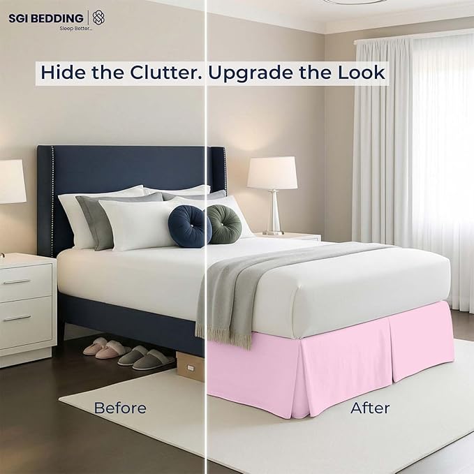 SGI bedding 15 inch Drop Bed Skirt Full Size Platform Style with Secure Fit, Classic Tailored Look, Elegant Pleated Style Dust Ruffle, Split Corners, Wrinkle Resistant Microfiber - Pink