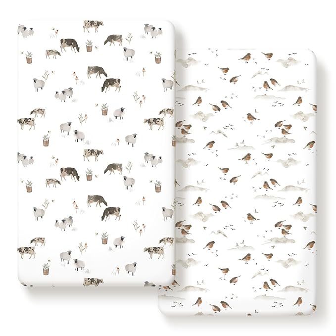 Stretch Ultra Soft Jersey Knit Fitted Crib Sheets Set 2 Pack，Fit All Standard Crib Mattress Pads Safe and Snug, Crib Fitted Sheet for Baby, Cute Watercolor Cows and Birds Print