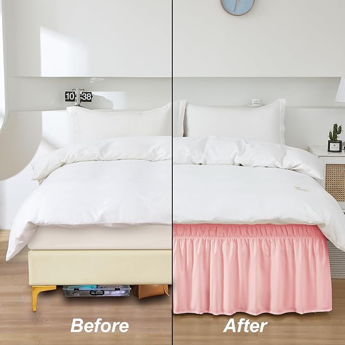 MEILA Wrap Around Bed Skirt Three Fabric Sides Elastic Dust Ruffled 16 Inch Tailored Drop,Easy to Install Fade Resistant-Pink, Twin/Full
