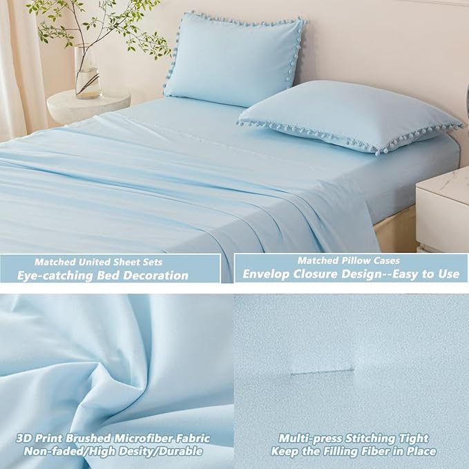 PERFEMET 5 Pieces Light Blue Queen Bed in A Bag Pom Pom Boho Bedding Set for Girls Soft Fluffy Solid Bedding Comforter Set with Sheets(Light Blue, Queen)