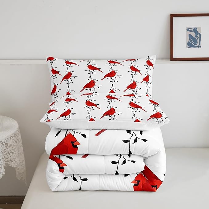 Feelyou Kids Cute Bird Bedding Set for Girls Boys Children Red Birds Cardinals Comforter Decorative Black Tree Branches Comforter Set Farmhouse Country Style Duvet Set Twin Size 2Pcs Quilt Set