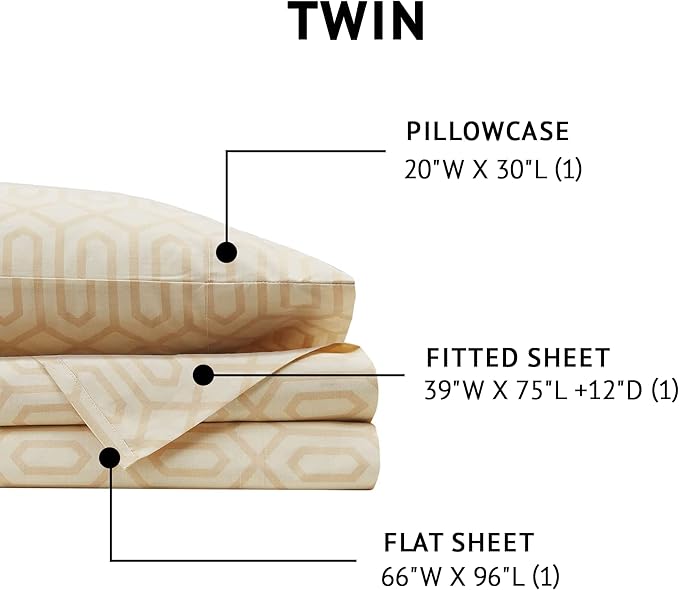 Comfort Spaces 144TC Cotton Sheet Set Breathable, Lightweight, Soft with Elastic Deep Pocket, Modern All Season Cozy Bedding, Matching Pillow Case, Twin, Diamond Tan 3 Piece