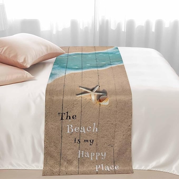 Coastal Ocean Starfish and Shell Sand Bed Runners for Bedroom Hotel,Decorative Bedding Scarf The Beach is My Happy Place Bed End Blanket Bedding Runner Scarves for Twin Size Bed,71x20in
