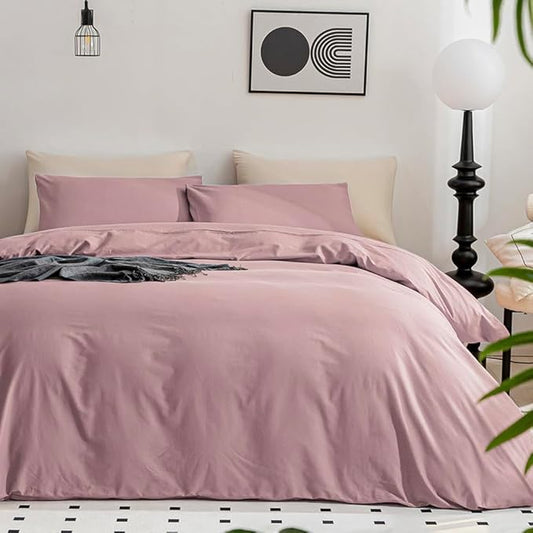 JELLYMONI Cotton Duvet Cover Twin Size - 100% Washed Cotton Linen Feel Textured Comforter Cover, 2 Pieces Breathable Soft Bedding Set with Zipper Closure (Dusty Pink, Twin 68"x90")