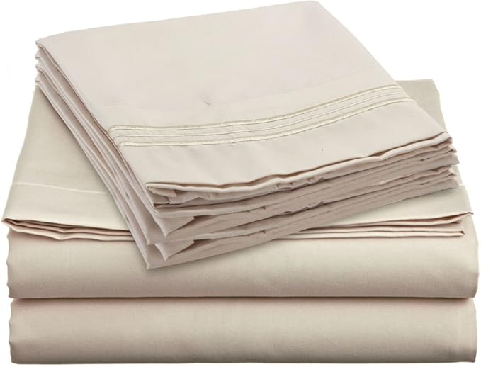 Clara Clark 1800 Series Bed Sheet Sets - Stay fit on Mattress with Elastic Straps at Corners - Full (Double), Beige Cream