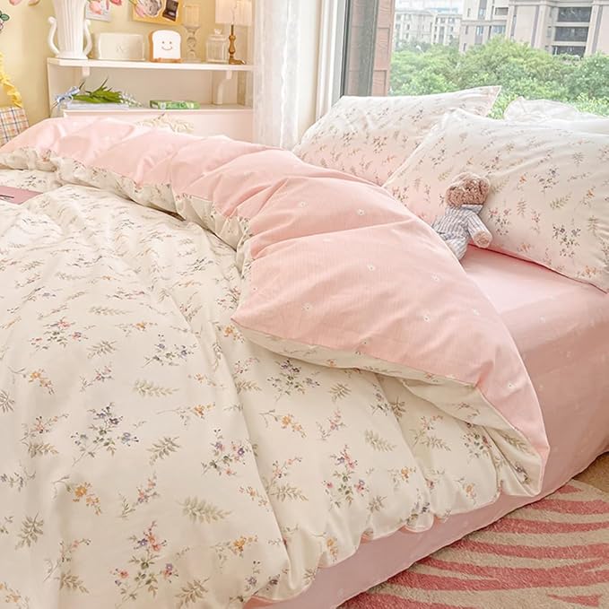 Nayoroom Floral Duvet Cover Queen Size Girls Pink White Botanical Flower Coquette Bedding Set 3 Pieces Soft Breathable Garden Cottagecore Aesthetic Comforter Cover with Pillow Shams