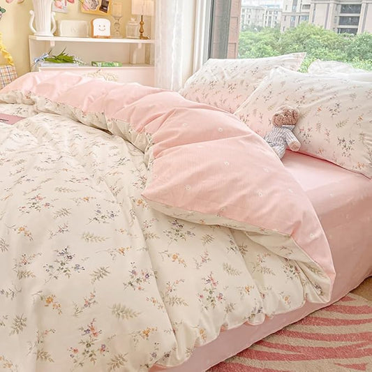 Nayoroom Floral Duvet Cover Full Size Girls Pink White Botanical Flower Coquette Bedding Set 3 Pieces Soft Breathable Garden Cottagecore Aesthetic Comforter Cover with Pillow Shams