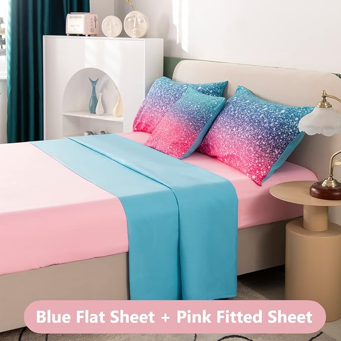 PERFEMET 6Pcs Pink Full Size Comforter Sets for Girls Colorful Rainbow Glitter Kids Bedding Set Sparkly Pastel Ombre Teen Girl Bed in A Bag Comforter Set with Sheets (Pink Blue, Full)