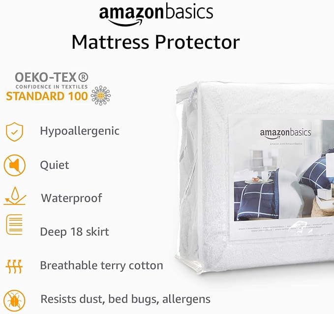 Amazon Basics Waterproof Breathable Mattress Protector, Queen Size, 18 inch Deep, Machine Washable, White
