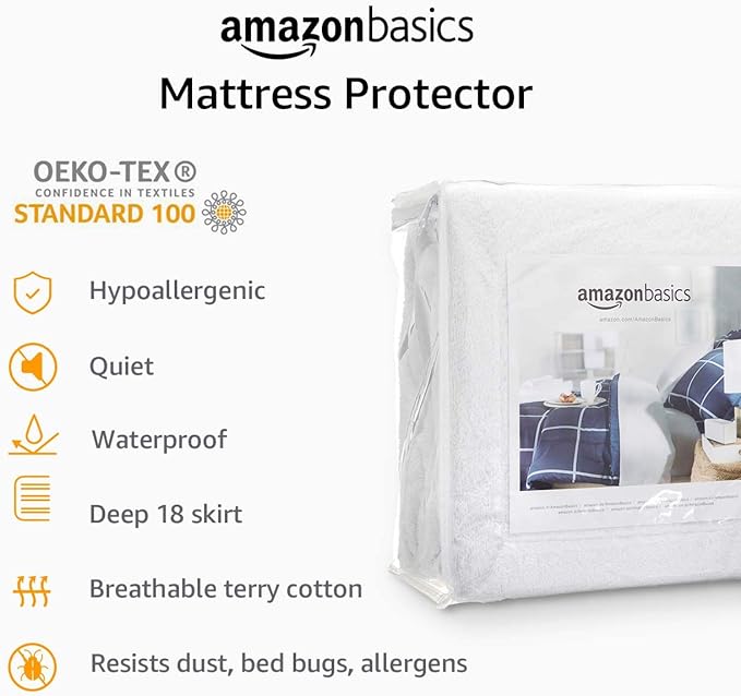 Amazon Basics Waterproof 18 inch Mattress Protector Queen Size,Breathable,Machine Washable,White,(Pack of 6)