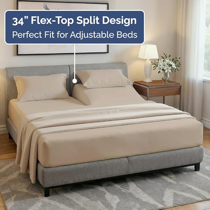 Flex Top Split Head King 4 Piece Sheet Set - Comfy Breathable & Cooling Bed Sheets Set - Hotel Luxury Bedding for Women, Men, Kids, Teens, Boys & Girls - Deep Pockets, Ultra-Soft - Oeko-Tex - Cream