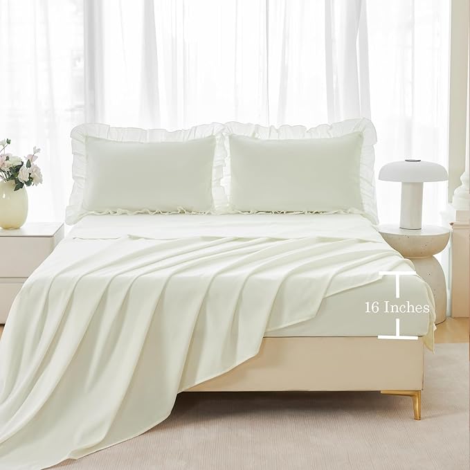 ANGIYUIN Queen Comforter Set Ivory 5 Pieces Beige Ruffled Bedding Sets Farmhouse Boho Bed in A Bag with Sheets Soft Shabby Chic Bed Set for Women Men(Ivory Queen)