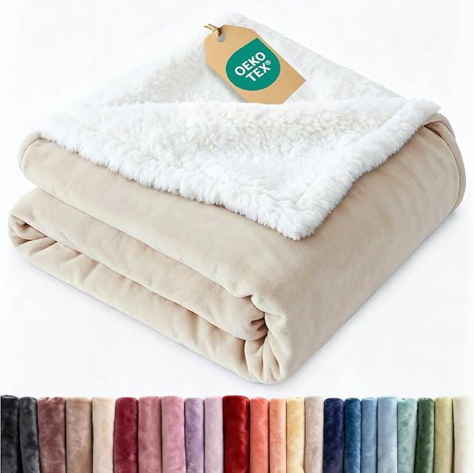 Sherpa Fleece Blanket Queen Size - Reversible Sherpa Fleece Queen Blanket - Super Soft Double Sided for Bed, Sofa, Couch - Thick, Warm, Fuzzy & Plush - Luxurious Bedding for Winter - Ivory, 90" x 90"