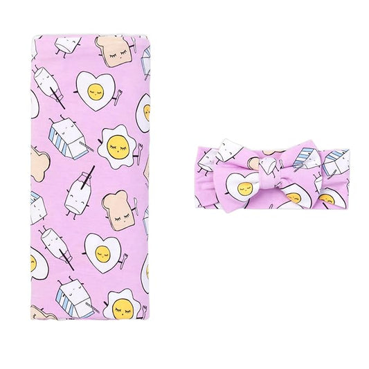 Little Sleepies Swaddle & Headband Bow Set, Viscose from Bamboo Baby Swaddles, Newborn Baby Girl Clothes (Luxe Pink Breakfast Buddies)