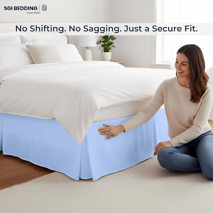 SGI bedding 12 inch Drop Bed Skirt Twin Size - Platform Style with Secure Fit, Classic Tailored Look, Elegant Pleated Style Dust Ruffle, Split Corners, Wrinkle Resistant Microfiber - Light Blue