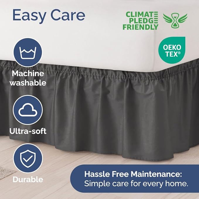 Wrap Around Dust Ruffle Bed Skirt - Charcoal - for Queen Size Beds w/ 15 Inch Drop - Easy Fit Elastic Strap - Adjustable Pleated Bedskirt w/Brushed Fabric - Wrinkle Free - Women, Men, Kids & Teens