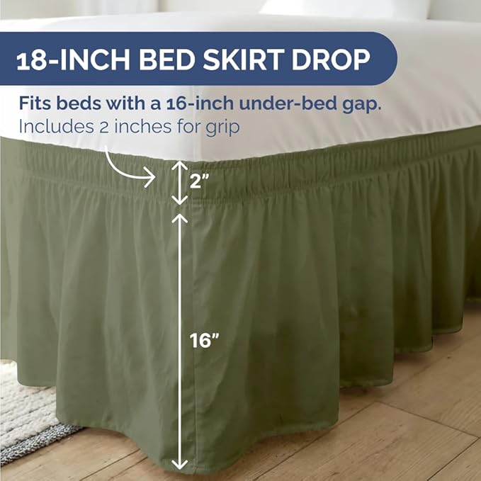 Wrap Around Dust Ruffle Bed Skirt - Sage Green - for Full Size Beds with 18 Inch Drop - Elastic Strap - Adjustable Pleated Bedskirt with Brushed Fabric and Wrinkle Free - for Women, Men, Kids & Teens