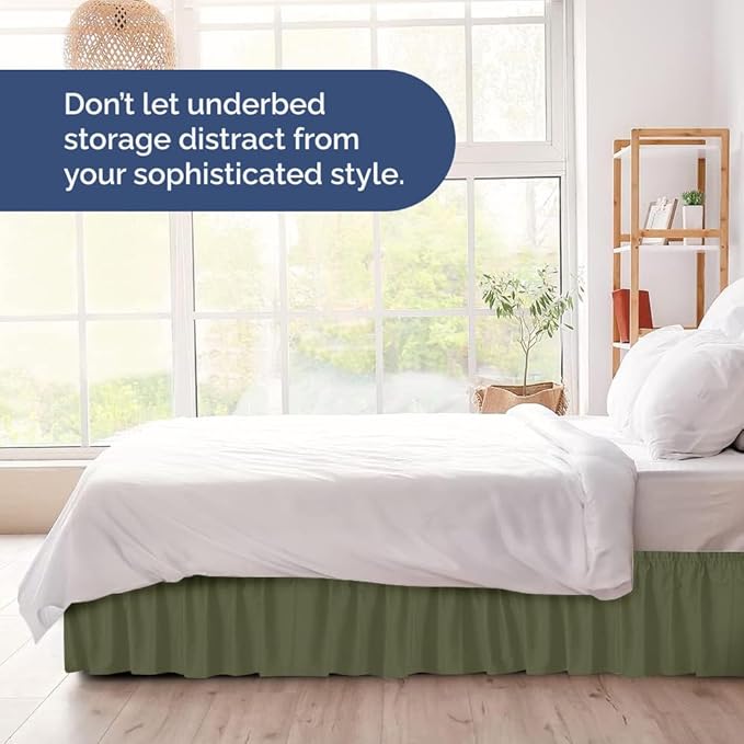 Wrap Around Dust Ruffle Bed Skirt - Sage Green - for Queen Size Beds with 12 Inch Drop - Elastic Strap - Adjustable Pleated Bedskirt with Brushed Fabric and Wrinkle Free - For Women, Men, Kids & Teens
