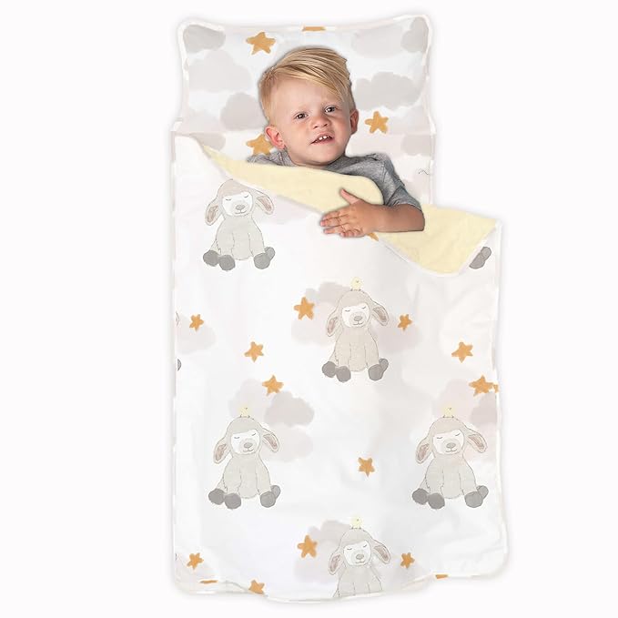 JumpOff Jo Nap Mat for Kids - Cozy Kids Rest Mat with Removable Pillow and Ultra Soft Blanket for Preschool, Daycare, and Sleepovers - Little Lamb
