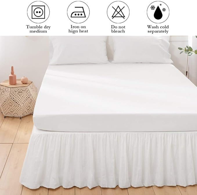 BISELINA French Linen Bed Skirt with Pleated Frills 14-Inch Tailored Drop Natural Flax Cotton Blend Dust Ruffle Soft Cozy Farmhouse Bedding (14" King, White)