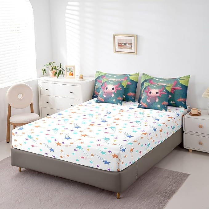 Feelyou Kids Cute Axolotl 7 Pieces Bedding Set King Size, Cartoon Salamander Bed in A Bag Ocean Sealife Comforter Set with Sheets Boys Girls Kawaii Animal Teens Bed Set Bedroom Decor 7Pcs