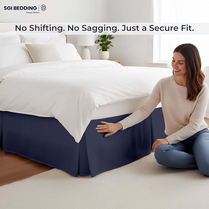 SGI bedding 21 inch Drop Bed Skirt Queen Size - Platform Style with Secure Fit, Classic Tailored Look, Elegant Pleated Style Dust Ruffle, Split Corners, Wrinkle Resistant Microfiber - Navy Blue