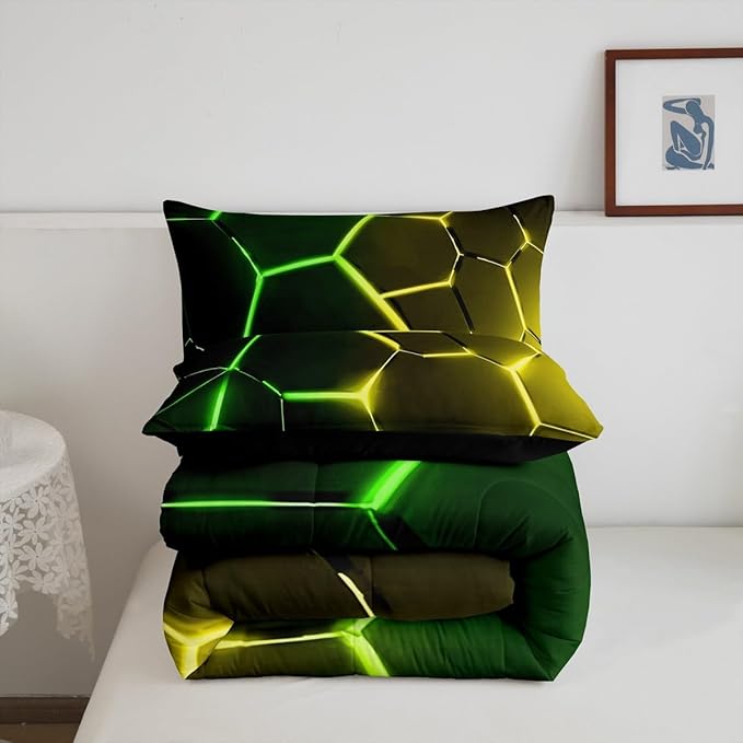Feelyou Honeycomb Comforter Green Yellow Hexagonal Print Bedding Set for Kids Boys Girls Children Beehive Geometrical Comforter Set Ultra Soft Decor Reticulated Duvet Set Queen Size