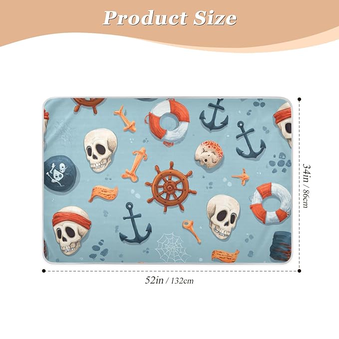 Waterproof Bed Pad Reusable Changing Pad Toddler Mattress Protector Large Pee Pad Baby Diaper Pad Soft Washable Liner Blue Cute Pirate Skulls Ship Wheels Anchors