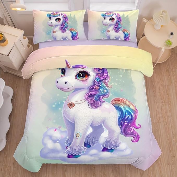 Pink Unicorn Comforter Sets,Twin Comforter Set for Girls,Cute Unicorn Bedding Set for Kids,Girls,Teens,All Season Use