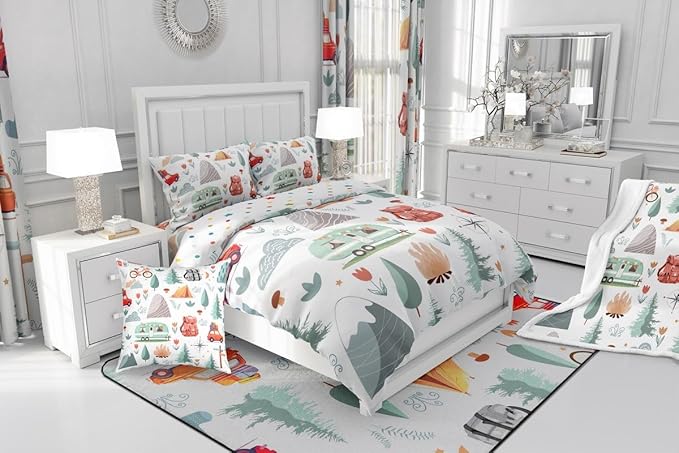 Kids Camping Comforter Set King, Car Bedding Set for Boys Girls, Travel Car Camper Accessories Bed Set, Botanical Floral Mountain Adventure Quilt, Cute Camper Duvet Insert Rv Decoration 3Pcs