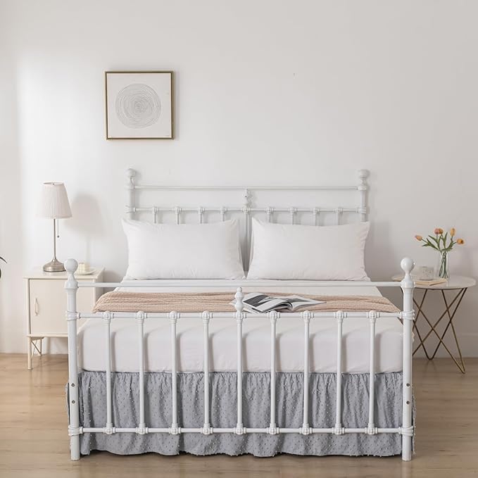 Tufted Dot Bed Skirt King Size Ruffled Bed Skirt with Split Corners, 18 Inch Drop Dust Ruffle Bed Skirts with Platform, Light Grey