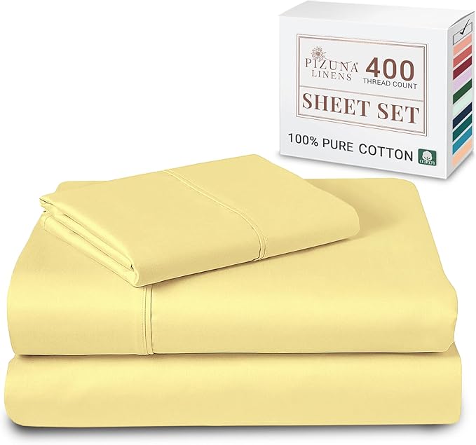 Pizuna Pure 100% Cotton Sheets Twin XL Size, Luxurious 400 Thread Count Long Staple Cotton Sateen Sheets with 15" Deep Pocket (Combed Mellow Yellow Cotton Twin XL Sheet Set)