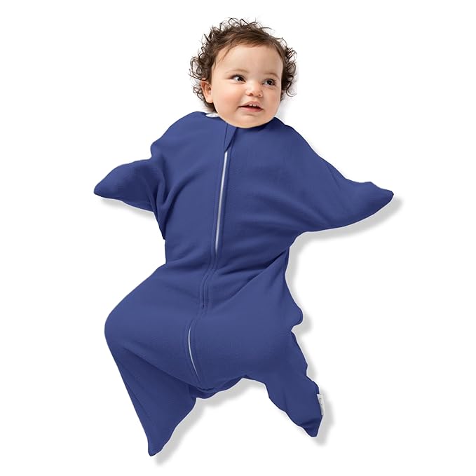 SleepingBaby Zipadee-Zip Transition Swaddle - Cozy Fleece Wearable Blanket with Two-Way Zipper for Baby Sleep - Navy, Medium (6-12 Month)