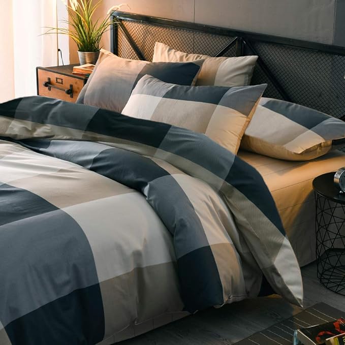 Reversible Cotton Plaid Bedding Set King Modern Soft Grid Checkered Duvet Cover Set Hotel Quality Luxury Bedding Collection 3 Piece Men Boys Comforter Cover Set with 2 Pillowcases (NO Comforter)