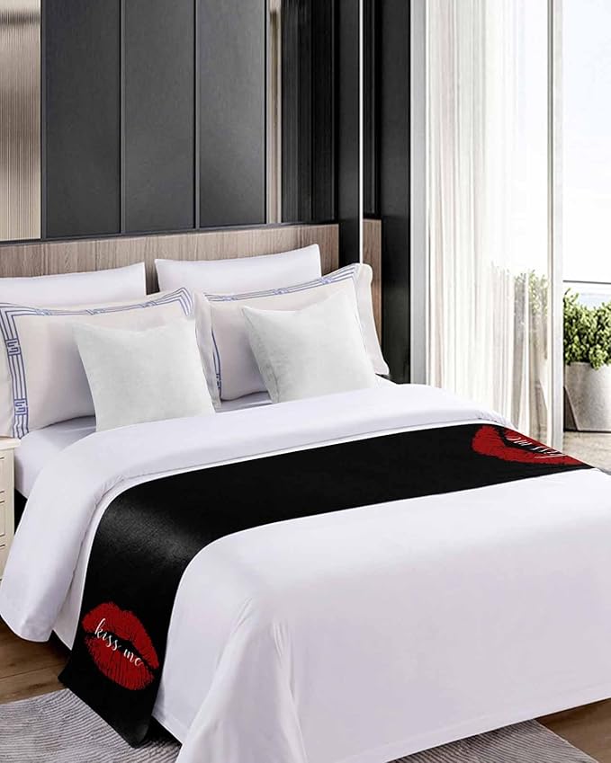 Red Lip Print Kiss Me Bed Runners for Bedroom Hotel,Decorative Bedding Scarf Black Back Bed End Blanket Bedding Runner Scarves for Twin Size Bed,71x20in