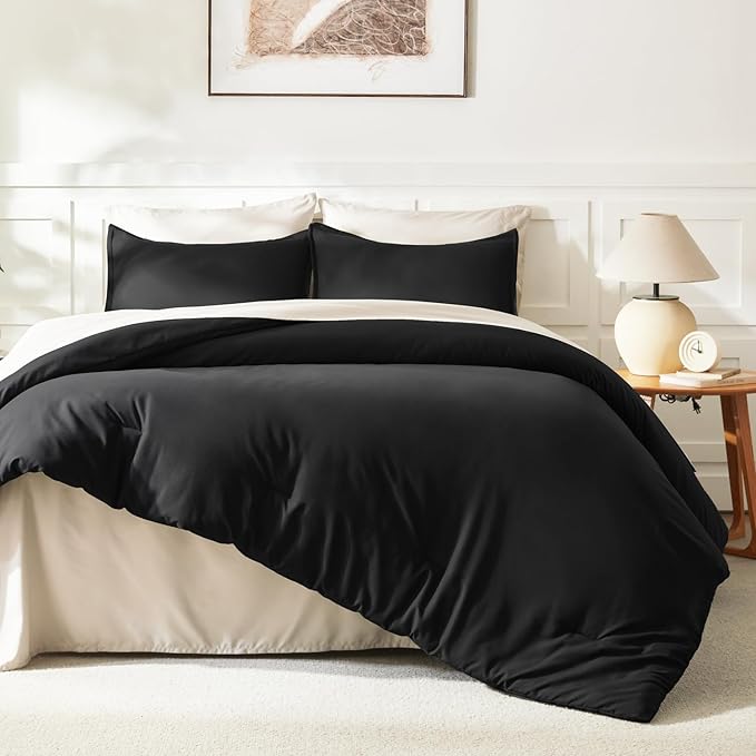 Litanika Black Comforter Full Size, 3 Pieces Boho Lightweight Solid Bedding Comforter Set, All Season Fluffy Bed Set (79x90In Comforter & 2 Pillowcases)