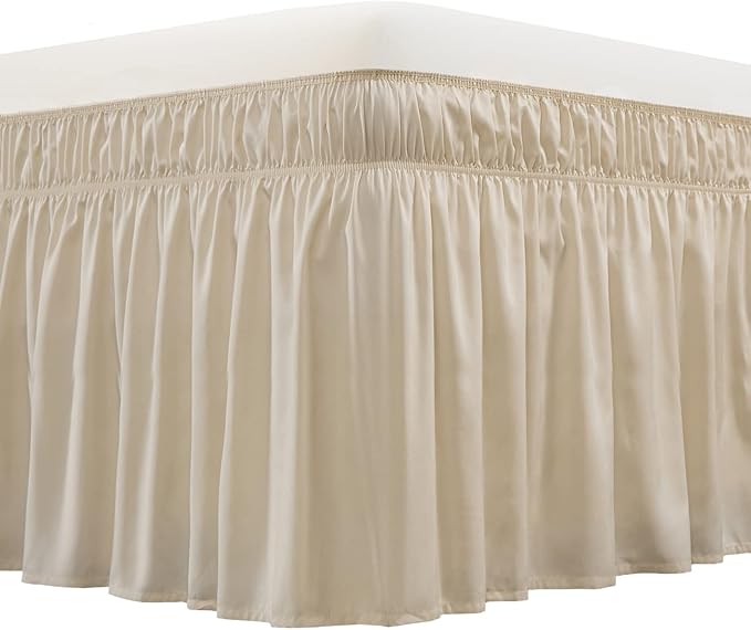MEILA Wrap Around Bed Skirt Three Fabric Sides Elastic Dust Ruffled 16 Inch Tailored Drop,Easy to Install Fade Resistant-Beige, Twin/Full