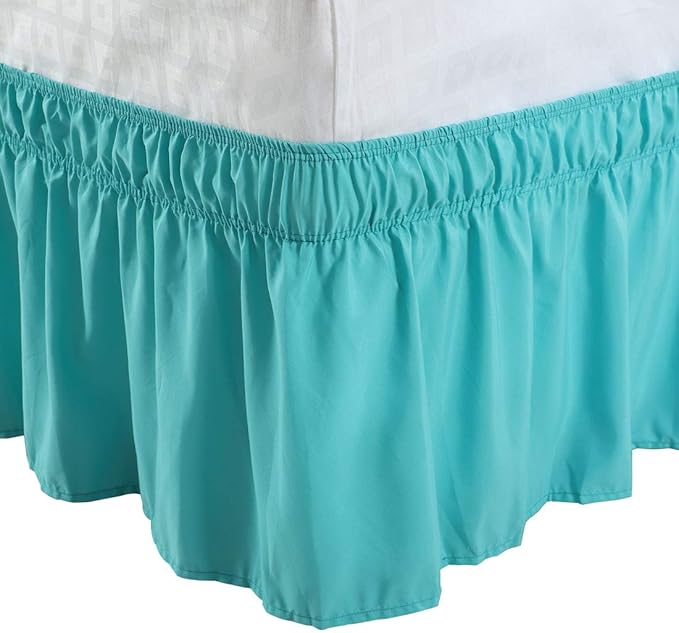 Bed Skirt - Wrap Around Bed Skirts Elastic Dust Ruffles, Easy Fit Wrinkle and Fade Resistant Luxurious Fabric Solid Color, Aqua RV King Size Beds 15 Inch Drop